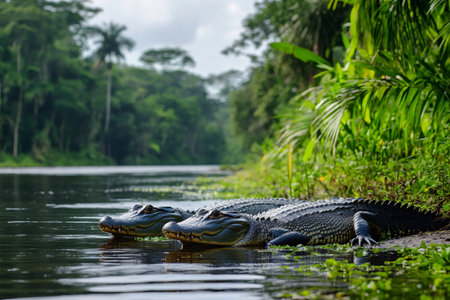 Two American alligators resting in Tortuguero National Park, Costa Ricaの素材