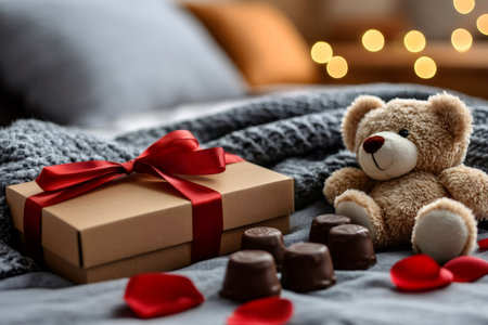 Romantic surprise with teddy bear, gift, chocolates and rose petals creating a cozy and loving atmosphereの素材