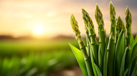 Close up of fresh green asparagus growing in a cultivated agricultural field at sunset, representing healthy eating and sustainable agricultureの素材