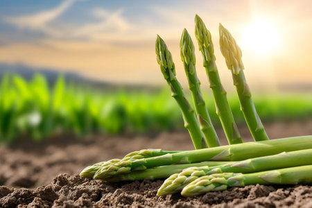 Fresh green asparagus growing on fertile soil at sunset in spring fieldの素材