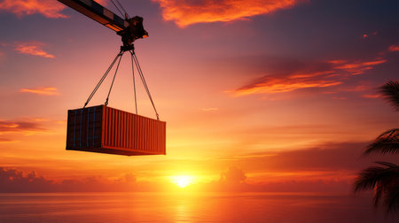 Industrial crane lifting cargo container at sunset over a tropical ocean with palm treesの素材