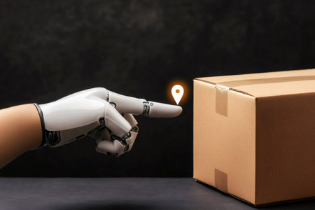 Robotic arm pointing location icon near cardboard box, symbolizing automated delivery tracking and logistics managementの素材