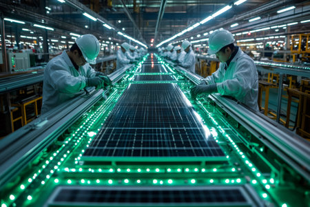 Production line of solar panels in a factory with technicians working, illuminated by green lightsの素材