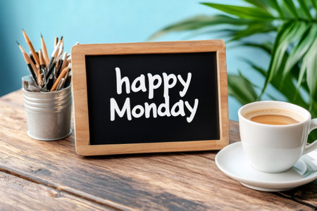 Blackboard with happy monday message, coffee cup and pencils on wooden tableの素材