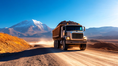 Large truck hauls rocks on a dusty road with mountains in the backgroundの素材