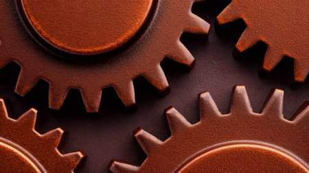 Interlocking copper gears symbolizing teamwork and precision in a complex mechanismの素材