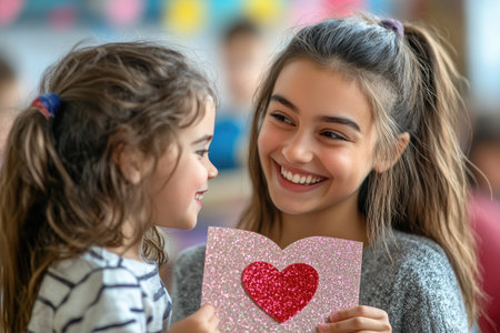Two sisters smiling while holding a glittery heart cardの素材