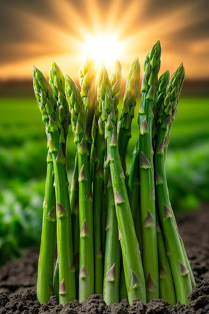 Bunch of asparagus growing in fertile soil during sunset in agricultural fieldの素材