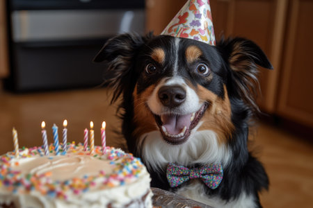 Dog wearing party hat and bow tie enjoying birthday cakeの素材