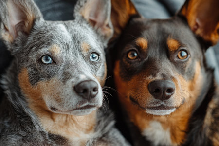 Close up of two dogs with striking eyes resting side by sideの素材