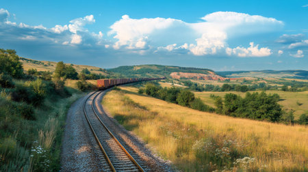 Long freight train passing through idyllic summer landscape with hills, fields, trees and cloudy skyの素材
