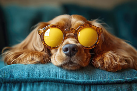 Cute dog wearing yellow sunglasses on a teal couchの素材