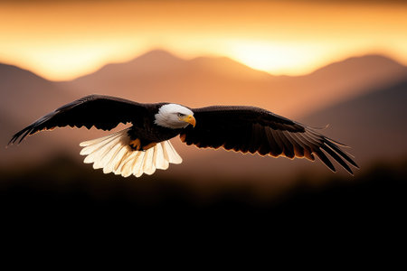 Bald eagle gliding gracefully against a stunning sunset backdropの素材