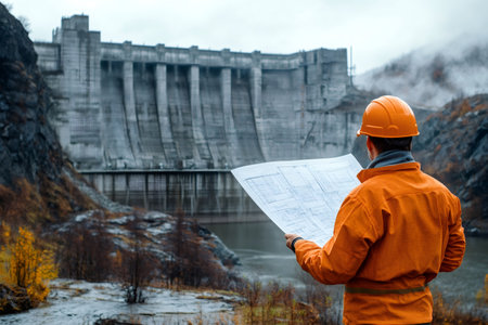Engineer reviewing plans in front of a large dam structureの素材