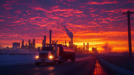 Tanker truck driving on the road near refinery plant at sunsetの素材