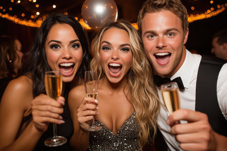 Cheerful friends toasting with champagne flutes at a New Year's Eve party at the nightclubの素材