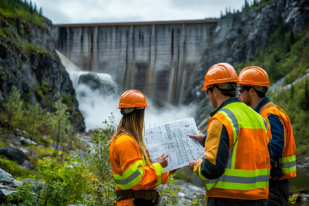Engineers overseeing dam construction project in progressの素材