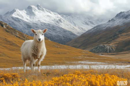 White sheep standing in a yellow flowers field with snowy mountains in the background, enjoying a beautiful autumn dayの素材