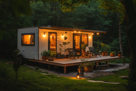 Warm lights illuminate a tiny house nestled in a tranquil forest setting, creating a cozy and inviting atmosphere at duskの素材