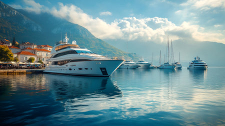 Stunning view of luxury yachts and sailboats moored near the picturesque coastal village of Perast in the bay of Kotor, Montenegroの素材