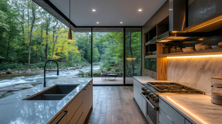 Modern, open plan kitchen showcasing sleek design and breathtaking views of a tranquil river flowing through a lush forestの素材