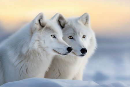 Two arctic wolves standing together in a tranquil winter settingの素材