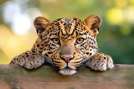 Portrait of a beautiful leopard resting its paws on a wooden plank, in a natural environmentの素材