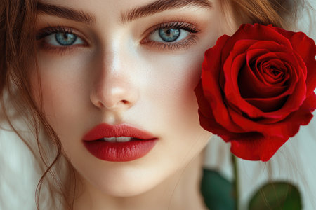 Woman with vibrant red rose beside her face, showcasing striking blue eyesの素材