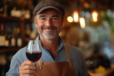 Portrait of a mature sommelier smiling and holding a glass of red wine in a wine shopの素材