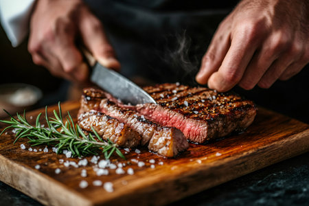 Chef slicing juicy grilled steak on wooden cutting board, seasoned with salt and rosemaryの素材