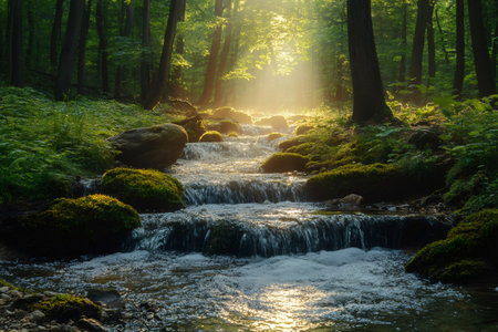 Fresh stream water flowing over mossy rocks in beautiful green forest with warm sunshineの素材