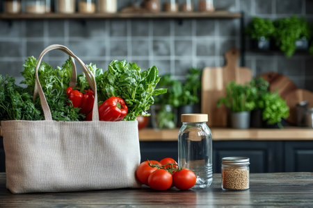 Fresh produce and healthy ingredients sit on a kitchen counter, promoting a wholesome lifestyle and balanced dietの素材
