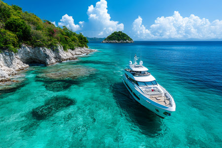 Modern yacht sailing near a beautiful tropical island with crystal clear turquoise waterの素材