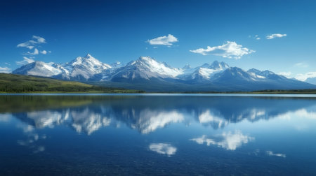 Serene landscape featuring a snowy mountain range perfectly mirrored in a calm lake under a clear blue skyの素材
