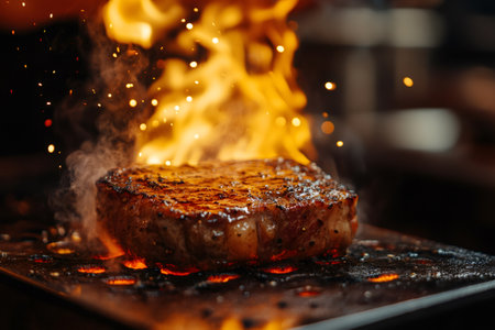 Juicy ribeye steak grilling on a hot surface with flames and sparks, creating a delicious and visually appealing culinary experienceの素材