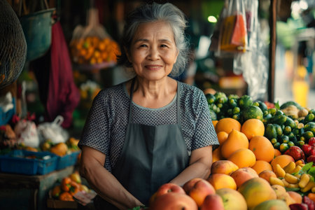 Senior woman selling fresh fruit at a traditional market in Asia, smiling and wearing an apronの素材