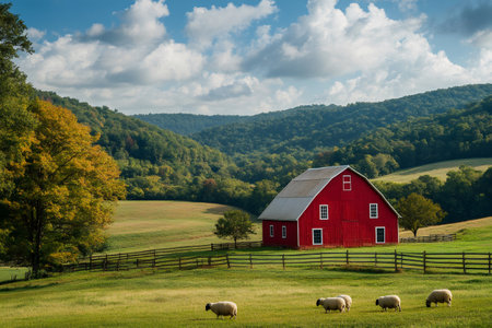 Idyllic countryside scene featuring sheep grazing peacefully in a lush green field near a classic red barn, under a bright blue skyの素材