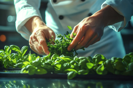 Chef preparing fresh parsley and basil in a professional kitchenの素材