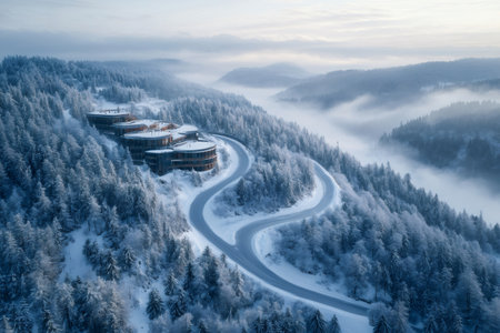 Aerial view of a winding road leading to a mountain resort, surrounded by a snow covered forest and a low fog covering the valleyの素材