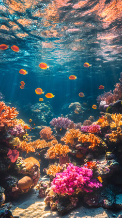 Sunlight illuminating vibrant coral reef with diverse marine life and exotic orange fishes swimming in crystal clear ocean waterの素材