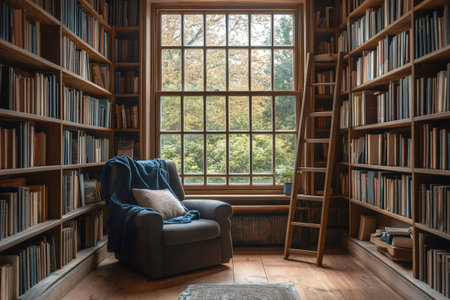 A comfortable armchair draped with a blanket sits by the window in the library, offering a peaceful reading spaceの素材