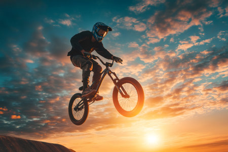 Extreme biker jumping with his bicycle on a beautiful sunset backgroundの素材