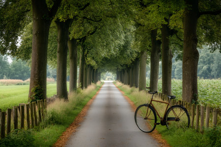 Brown bicycle parked on a quiet country road with lush trees creating a canopy overheadの素材