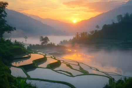Stunning sunrise over Indonesian rice paddies, creating a magical atmosphere with fog and golden lightの素材