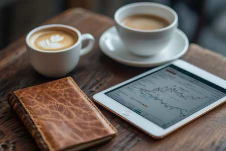 Tablet displaying financial charts, placed on wooden table next to leather notebook and two cups of coffee, creating cozy work environmentの素材