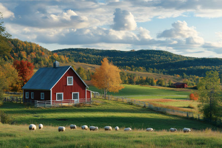 Flock of sheep grazing peacefully in a green field, enjoying the serene atmosphere near a charming red barn amidst a picturesque autumn landscapeの素材