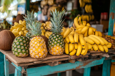 Fresh pineapples, bananas, and coconuts are displayed on a wooden table at a vibrant tropical fruit stand, offering a taste of exotic flavorsの素材