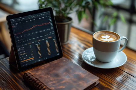 Cryptocurrency trader enjoying cappuccino and analyzing charts on tablet, notebook, and potted plant on wooden tableの素材