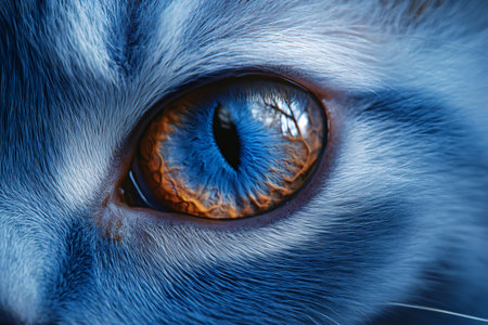 Macro photography captures the intricate details of a cat's eye, showcasing a mesmerizing blend of blue and orange in its iris, surrounded by soft furの素材