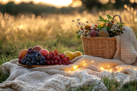 Wicker basket with flowers and fruits, along with a plate of grapes and peaches, arranged on a blanket with string lights in a meadow at sunsetの素材